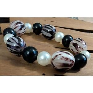 Vtg Beaded Stretch Bracelet Round Black White Oval Zebra Faux Pearl Beads Chunky